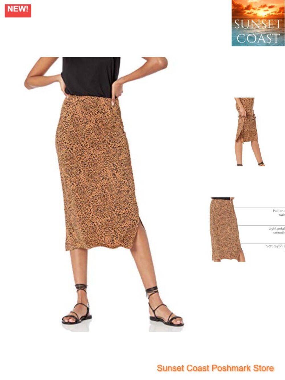Pull-On Knit Midi Skirt with Elastic Waist and Side Slits